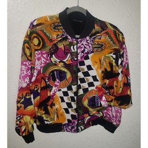 Frantik Sz M Bomber Jacket 90s Retro Zip Rayon Coat Lined Abstract Streetwear